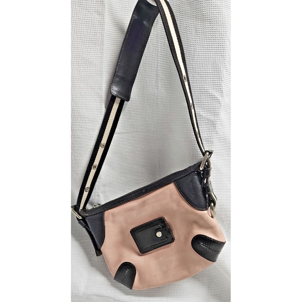 Bally light pink + dark brown‎ leather+ canvas wide shoulder strap bag 9.5" x7"